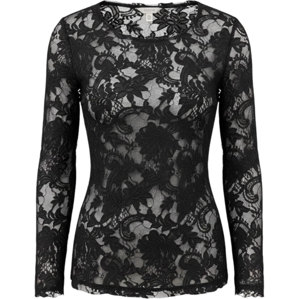Chico's Lace Top Women Size 1 Black Excellent Floral Long Sleeve Sheer Layering